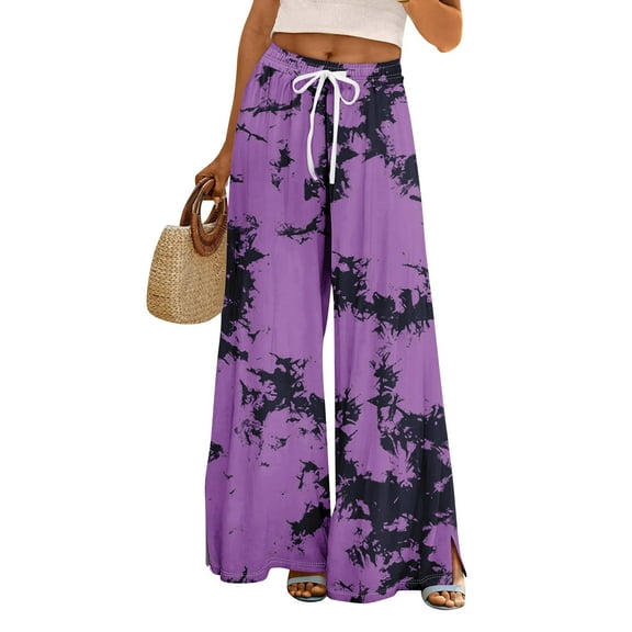 Women's Tie-Dye Palazzo Pants - High Waist Wide Leg Bohemian Summer Casual Trousers with Elastic Waist & Pockets ,Purple,S