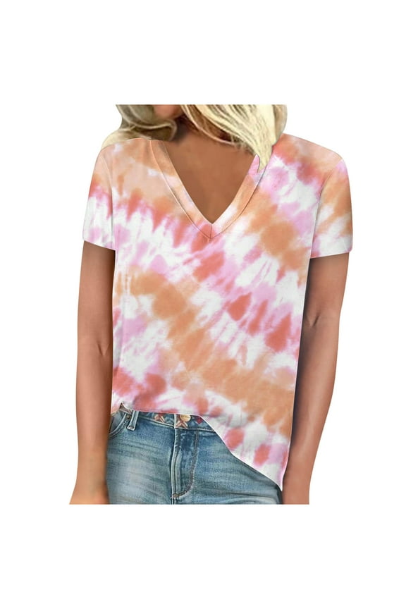 Women's Tie-Dye Pattern V-Neck Short Sleeve T-Shirt Blouse Casual Tops Tee Shirt Knit Clothing Wear Garment Outfit Stylish Chic Modern Contemporary Design Artistic Apparel