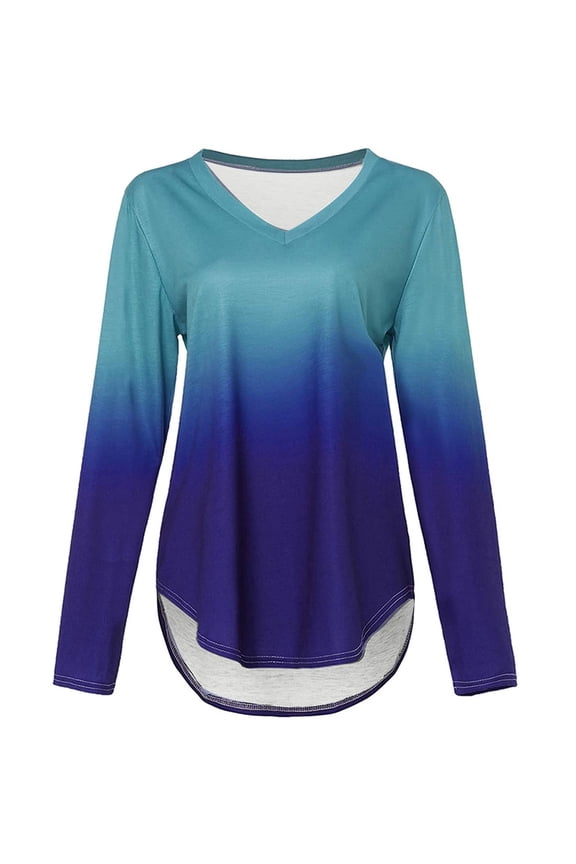 Women's Tie Dye Print Shirts Casual Long Sleeve T-Shirt Tops Dressy V Neck Loose Curve Hem Blouse Fall Trendy Top