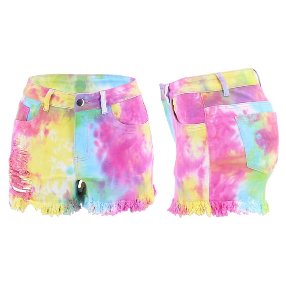 Women's Tie Dye Ripped Denim Shorts Pink M