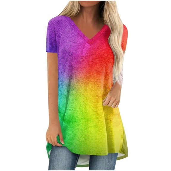 Women's Tie Dye Shirts Gradient Print V Neck T Shirt Summer Casual Short Sleeve Blousese Loose Fit Tops