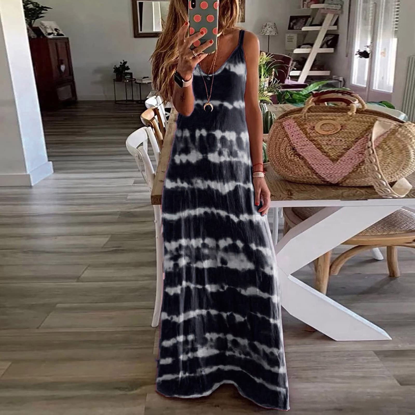 Dailytrove Women's Tie-Dye Sleeveless Maxi Dress, Casual Beach & Festival Wear, Lightweight Cotton Blend, Fit & Flare, Contrast Hem, Size: DT-Small