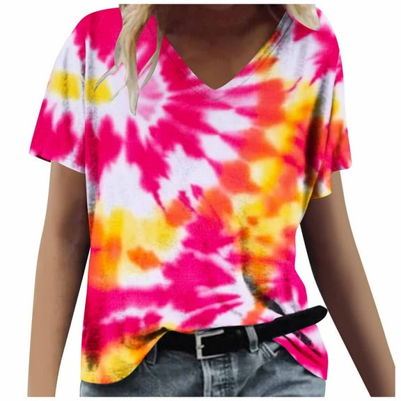 Women's Tie Dye Tops V Neck Loose Fit Casual Fashion Summer T-shirts Tshirts Short Sleeve Tees (S, Hot Pink)
