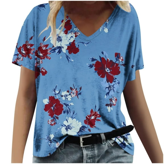 Women's Tie Dye Tops V Neck Loose Fit Casual Fashion Summer T-shirts Tshirts Short Sleeve Tees (XL, Blue)