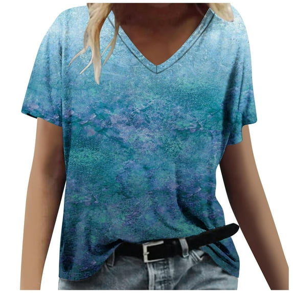 Women's Tie Dye Tops V Neck Loose Fit Casual Fashion Summer T-shirts Tshirts Short Sleeve Tees (XL, Light Blue)