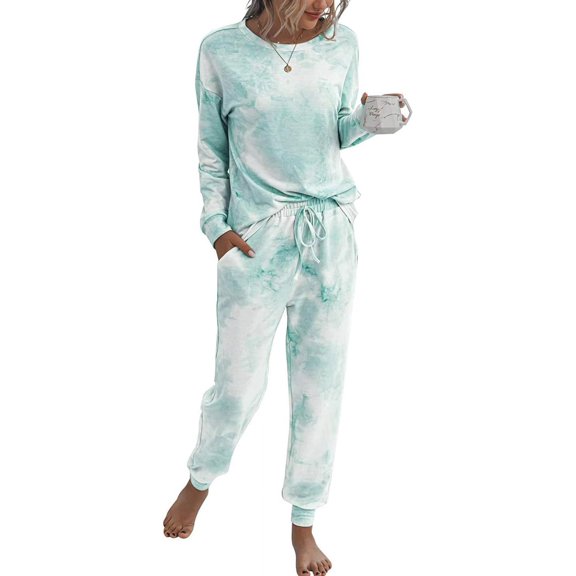 Women's Tie Dye Two Piece Pajamas Set Casual Long Sleeve Sweatshirt with Long Pants Loungewear