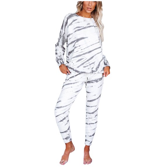 Women’s Tie Dye Two Piece Pajamas Set Long Sleeve Pullover Sweatshirt with Long Pants Cozy Sleepwear Loungewear