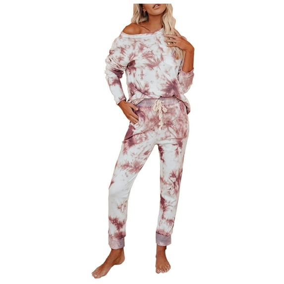 Women’s Tie Dye Two Piece Pajamas Set Long Sleeve Pullover Sweatshirt with Long Pants Cozy Sleepwear Loungewear
