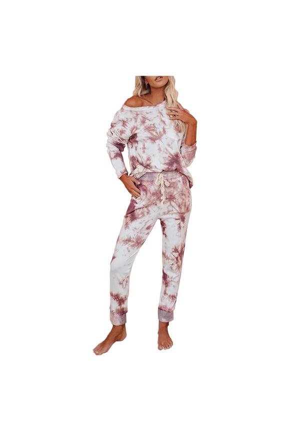 Women's 2 Piece Outfits Casual Tie Dye Crewneck Long Sleeve Tops and Drawstring Pants Lounge Sets Tracksuits