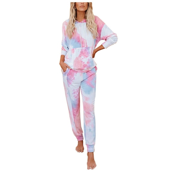 Women’s Tie Dye Two Piece Pajamas Set Long Sleeve Pullover Sweatshirt with Long Pants Cozy Sleepwear Loungewear