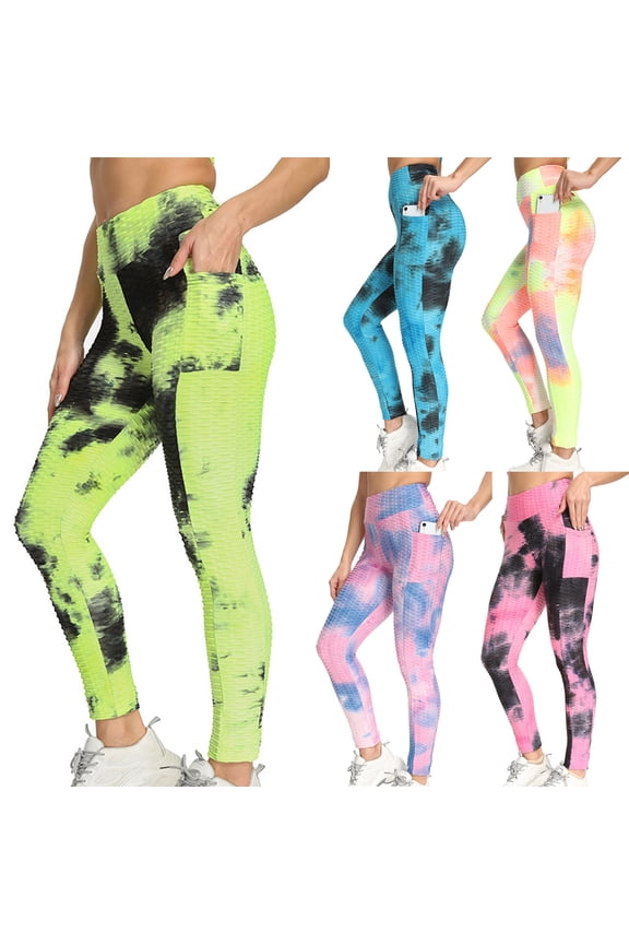 Women's Tie Dye Yoga Pants, High Waist Workout Leggings with Pockets, Booty Lifting Fitness Leggings, Breathable 4-Way Stretch Pants for Yoga, Running, Gym and Athleisure Wear-Black