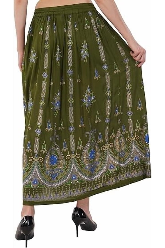 Women's Tie Dye Yoga Skirt with Sequined Crinkle Broomstick Gypsy Design Olive Green