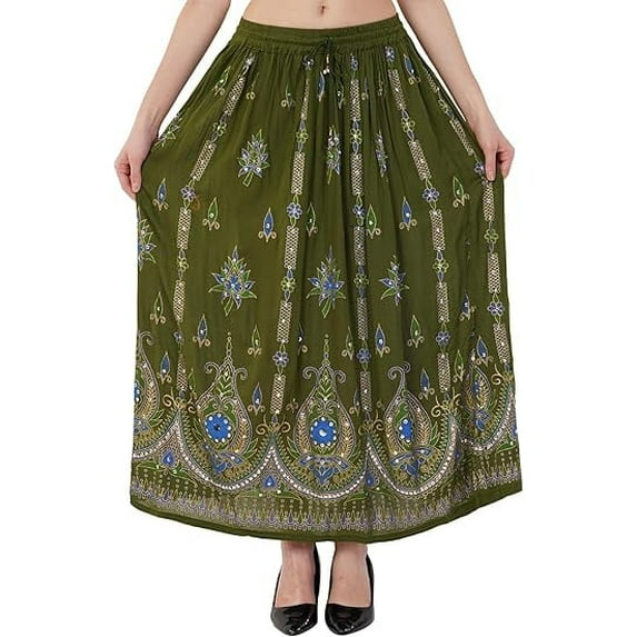 Women's Tie Dye Yoga Skirt with Sequined Crinkle Broomstick Gypsy Design Olive Green
