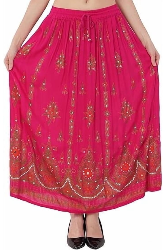 Women's Tie Dye Yoga Skirt with Sequined Crinkle Broomstick Gypsy Design Pink