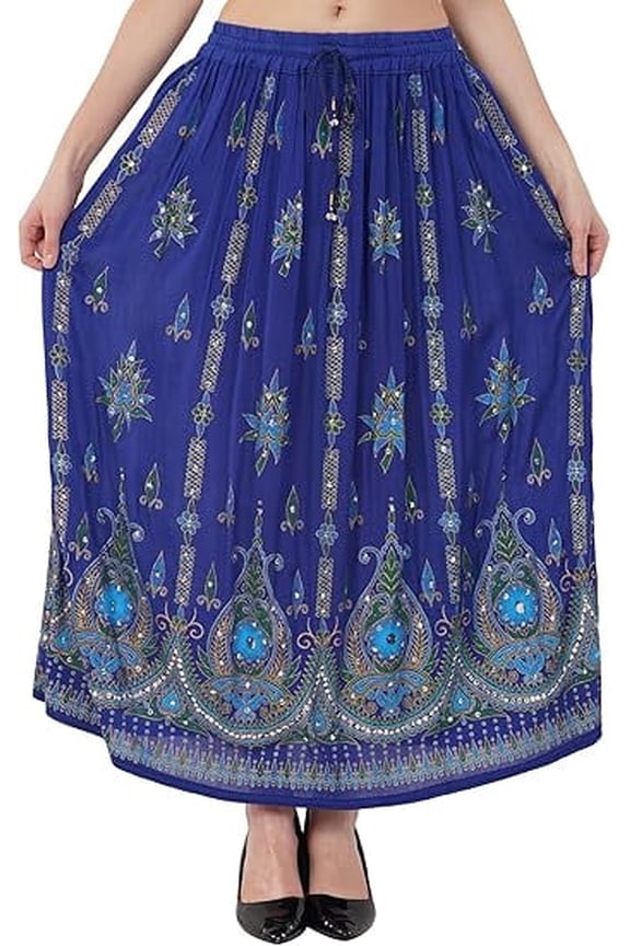 Women's Tie Dye Yoga Skirt with Sequined Crinkle Broomstick Gypsy Design Sky Blue