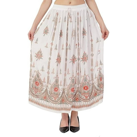 Women's Tie Dye Yoga Skirt with Sequined Crinkle Broomstick Gypsy Design White