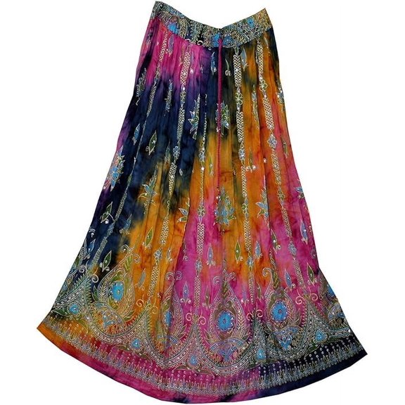 Women's Tie Dye Yoga Trend Sequined Crinkle Broomstick Gypsy Long Skirt, Red Multi, 36 INCHES