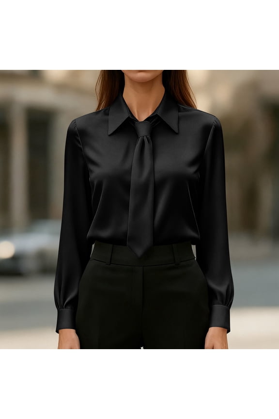 Women's Tie Front Blouse, Long Sleeve Solid Color Commuting Shirt, Elegant Casual Top for Office Wear or Smart Casual, Black - L
