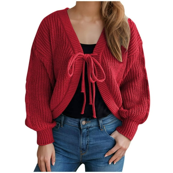 Women's Tie Front Bow Cardigan Sweaters Fashion Fall Oversized Long Sleeve Open Front Chunky Sweater Outwear Solid