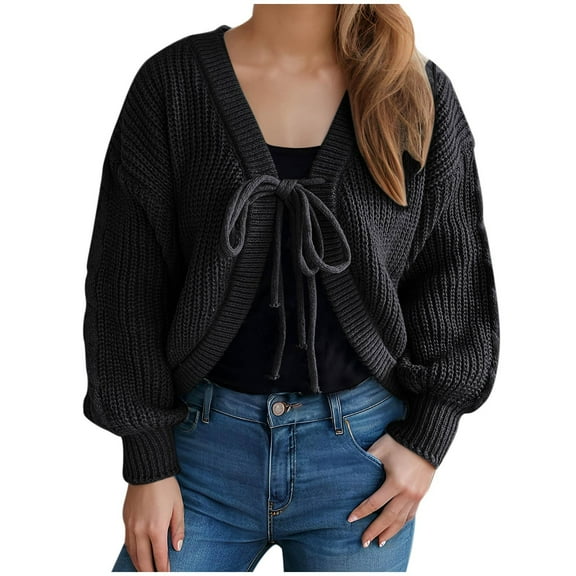 Women's Tie Front Bow Cardigan Sweaters Fashion Fall Oversized Long Sleeve Open Front Chunky Sweater Outwear Solid