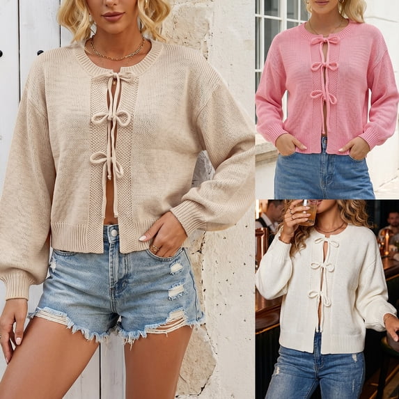 Women's Tie Front Bow Cardigan Sweaters Knit Long Puff Sleeve Trendy Fall Winter Jacket Coats Beige XL(XL)