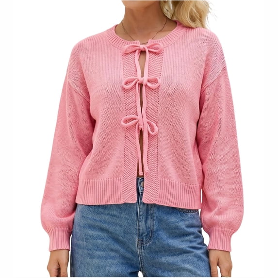 Women's Tie Front Bow Cardigan Sweaters Knit Long Puff Sleeve Trendy Fall Winter Jacket Coats Pink L(L)