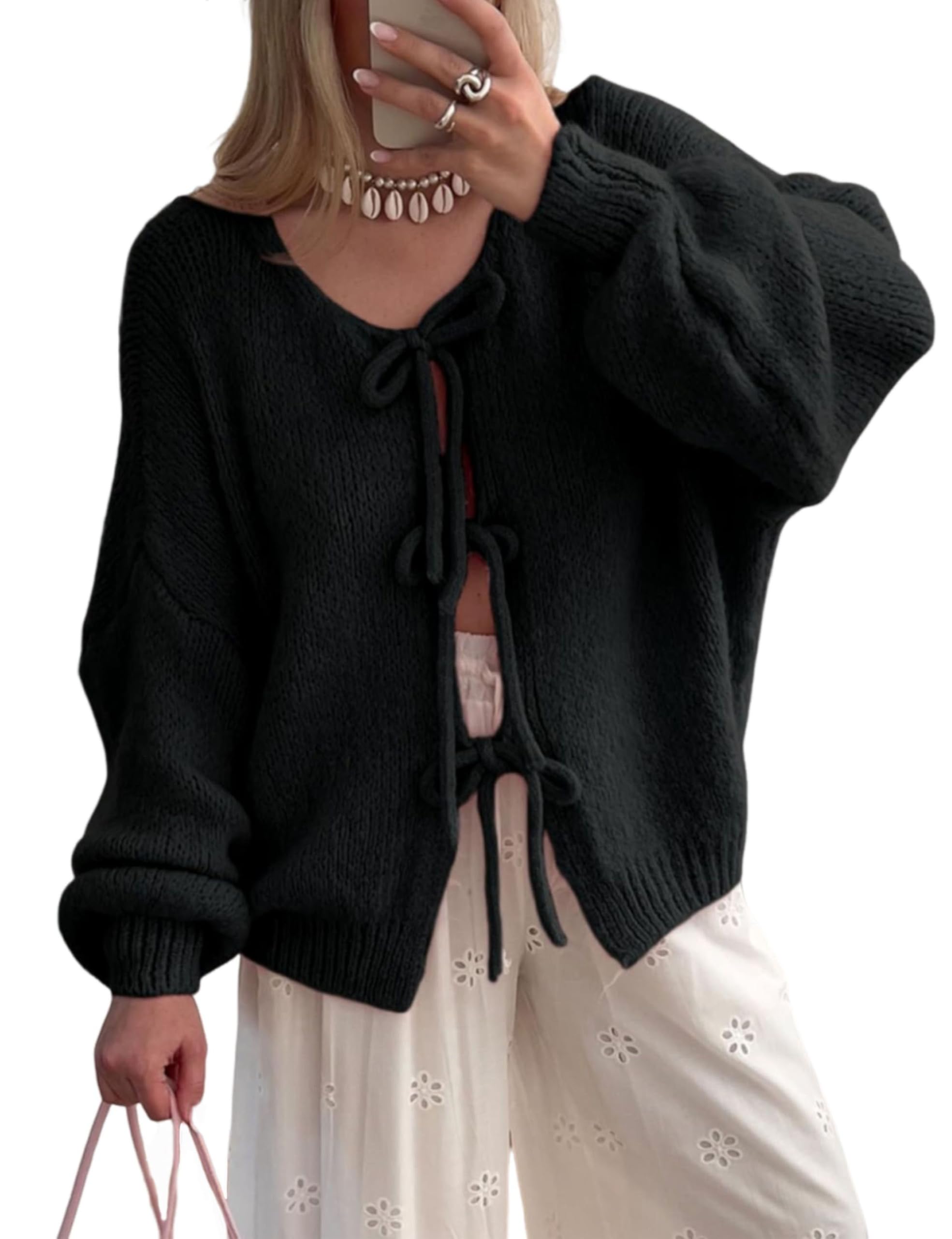 Lianlive Women's Bow Tie Front Cardigan - Chunky Knit Open Front Sweater, Long Sleeve, Oversized Fit