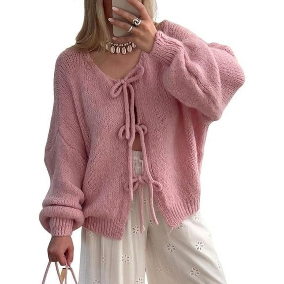 Women's Tie Front Bow Cardigan Sweaters Oversized Chunky Long Sleeve Open Front Knit Sweater Tops