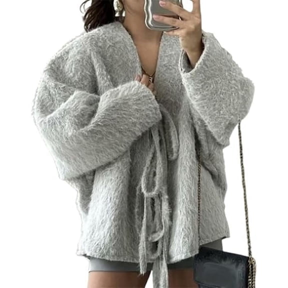 Women's Tie Front Bow Wool Jacket, Oversized Short V Neck Bow Warm Coats, Wool Peacoat Jacket