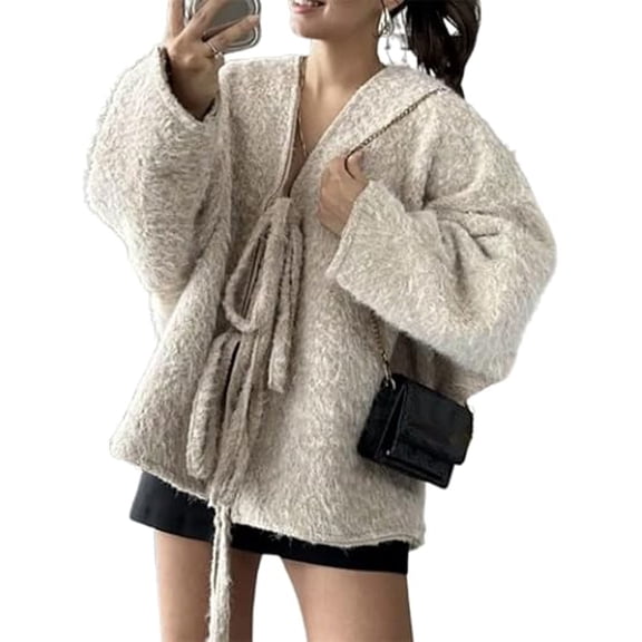 Women's Tie Front Bow Wool Jacket, Oversized Short V Neck Bow Warm Coats, Wool Peacoat Jacket