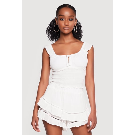 Women's Tie Front Cap Sleeve Peasant Top