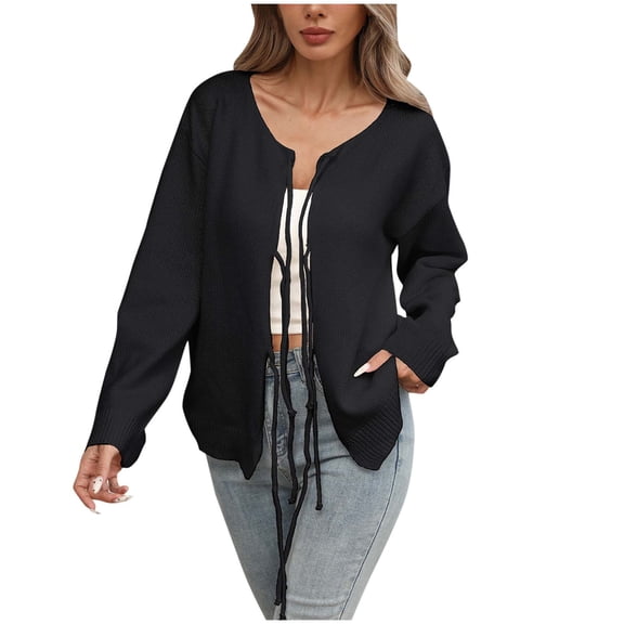Women's Tie Front Cardigan Bow Sweaters Chunky Knit Long Sleeve Open Front Cardigan Sweater Solid Color Sweatshirt