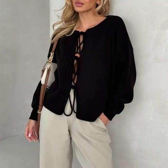 Women's Tie Front Cardigan, Chunky Knit Bow Detail Sweater, Open Front Long Sleeve Coat, Oversized Puff Sleeve Jacket, Fall Winter Fashion, Soft Comfortable Layering Piece Black S