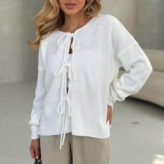 Women's Tie Front Cardigan, Chunky Knit Bow Detail Sweater, Open Front Long Sleeve Coat, Oversized Puff Sleeve Jacket, Fall Winter Fashion, Soft Comfortable Layering Piece White S