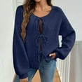 thumbnail image 1 of Women's Tie Front Coats Bow Knot Cardigan Sweaters Knitted Long Puff Sleeve Trendy Fall Winter Cropped Jacket New Navy M, 1 of 8
