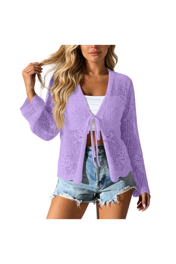 Women's Tie Front Crochet Boho Beach Hollow Out Lace Cover Up Lightweight Long Sleeve Cardigan Sweaters Beach Trnedy Vacation Crochet Cover Up