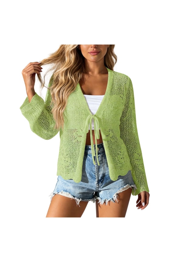 Women's Tie Front Crochet Boho Beach Hollow Out Lace Cover Up Lightweight Long Sleeve Cardigan Sweaters Beach Trnedy Vacation Crochet Cover Up