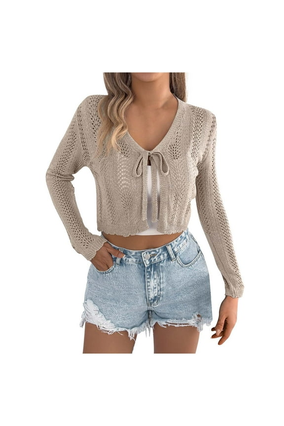 Women's Tie Front Crochet Cover Up Solid Color V Neck Bell Long Sleeve Crop Cardigans