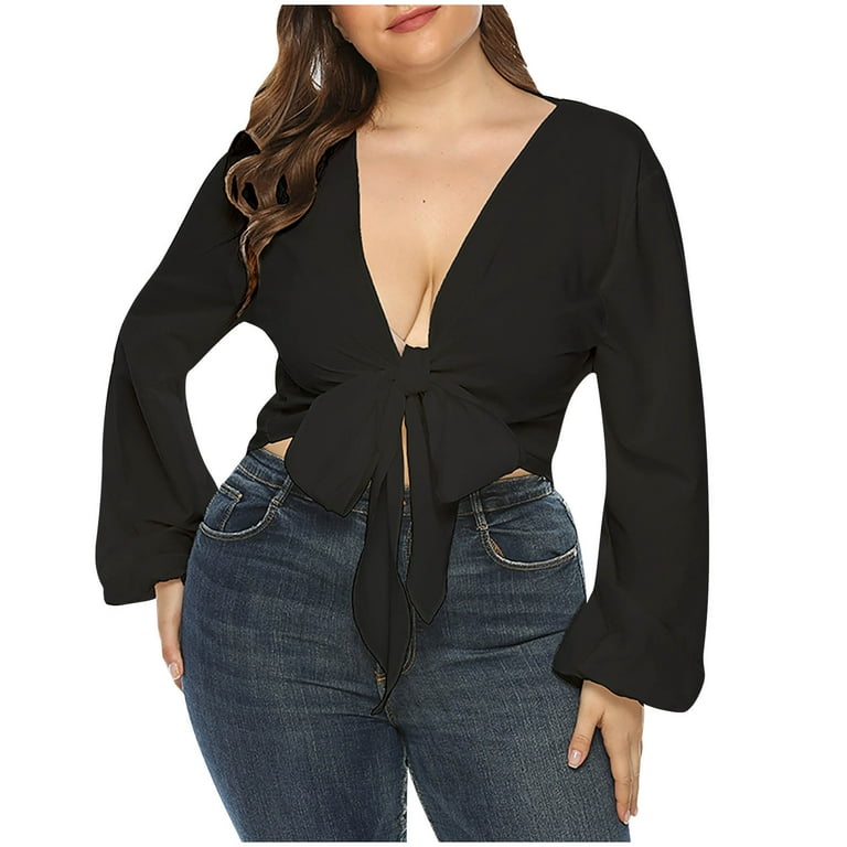 Women's Tie Front Crop Tops Sexy Deep V Neck Long Sleeve Blouse Plus Size  Summer Tops Solid Backless Clubwear