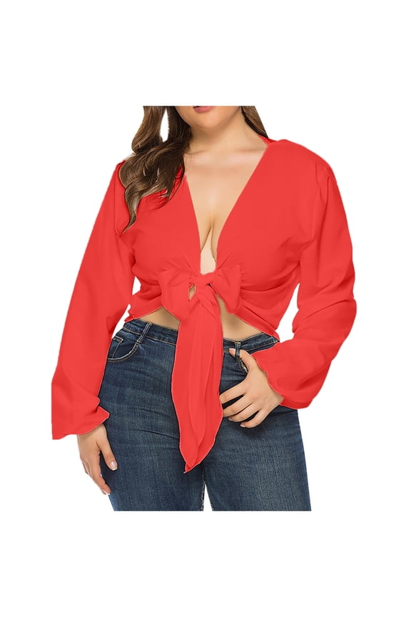 Women's Tie Front Crop Tops Sexy Deep V Neck Long Sleeve Blouse Plus Size Summer Tops Solid Backless Clubwear