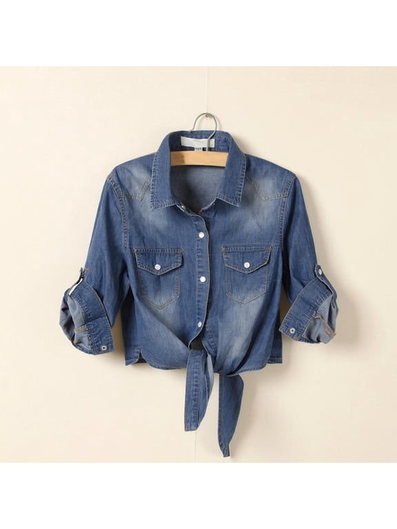 Women's Tie Front Cropped Denim Shirt Roll Tab Short Sleeve Lapel Button up Casual Jean Blouse Tops for Summer Beach Vacation Daily Wear Dark Blue L