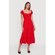 Womens Tie Front Keyhole Ruffle Tiered Maxi Dress