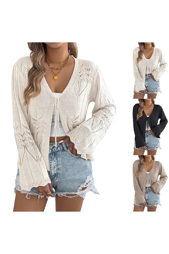 Women’s Tie Front Knit Cardigan, Hollow Out Design Flare Sleeve Sweater, Boho Casual Layering Top, Black, S