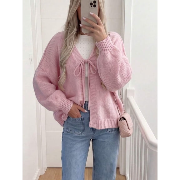 Women's Tie Front Knit Cardigan, V-Neck Long Sleeve Balloon Sleeve Top, Cropped Loose Fit Ribbed Hem Shirt, Coquette French Style Layering Wear
