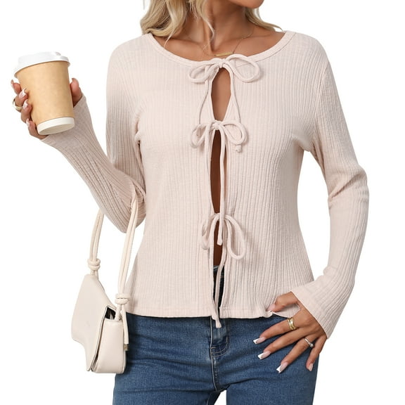 Women's Tie Front Knitted Cardigan Sweaters Long Sleeve Fall Winter Jacket Coats Slim Fit Knitwear Tops