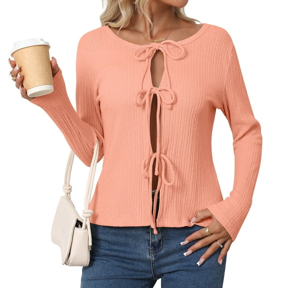 Women's Tie Front Knitted Cardigan Sweaters Long Sleeve Fall Winter Jacket Coats Slim Fit Knitwear Tops