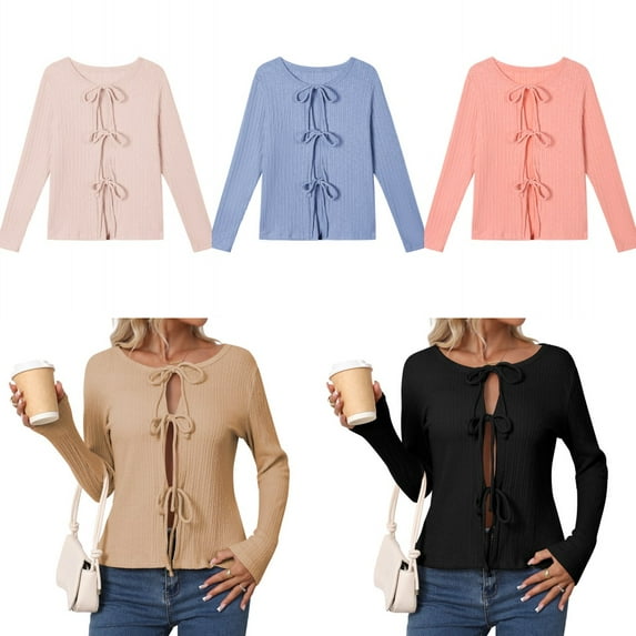 Women's Tie Front Knitted Cardigan Sweaters Long Sleeve Fall Winter Jacket Coats Slim Fit Knitwear Tops
