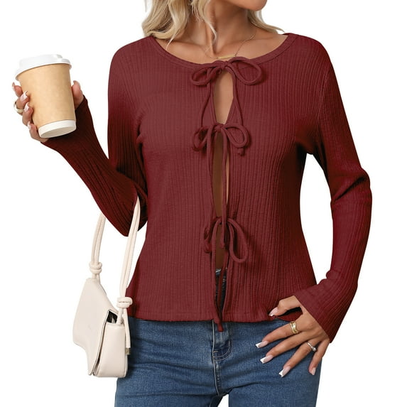 Women's Tie Front Knitted Cardigan Sweaters Long Sleeve Fall Winter Jacket Coats Slim Fit Knitwear Tops