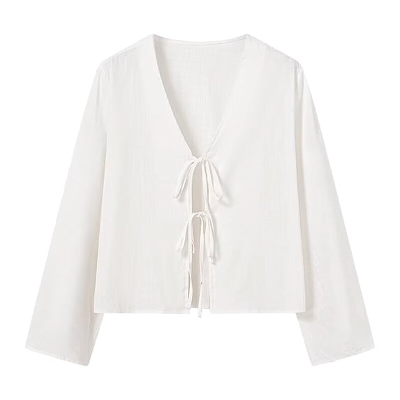Women's Tie Front Long Sleeve Blouse Deep V Neck Elegant Top Shirt (White S)