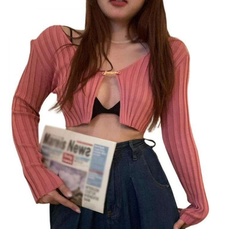 Women s Tie Front Long Sleeve Rib Knit Cardigan Crop Top